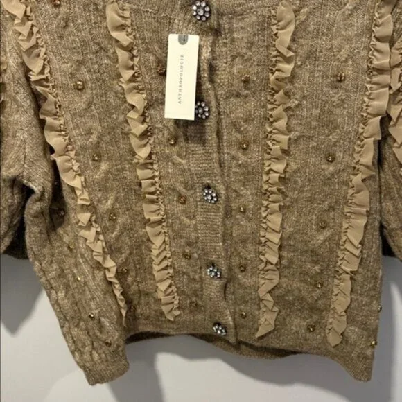 Maeve Embellished Tan Ruffle Button Cardigan - Picture 7 of 8